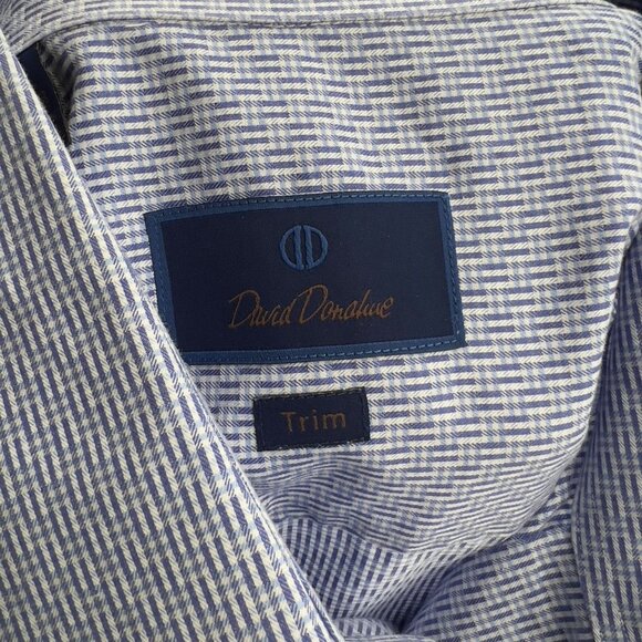 David Donahue Men's Trim Fit Blue Checkered Cotton Dress Shirt 17.5 - Picture 7 of 8